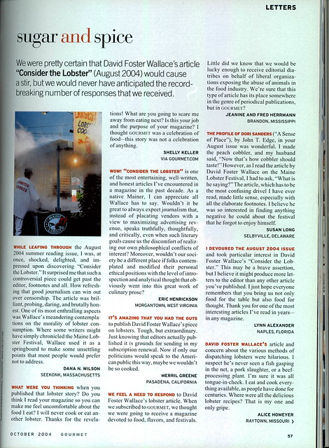 Gourmet Oct '04 Letters Re: Consider the Lobster (1 of 2)
