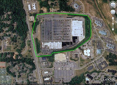 the footprint of a Walmart supercenter can be enormous (south of Asheville NC, via Google Earth)