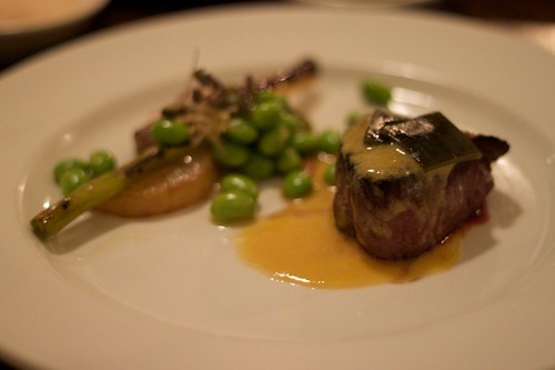 sher wagyu (marble score 7), dashi braised eggplant and daikon, sping onion, soy beans, ginger and miso sauces, konbu relish