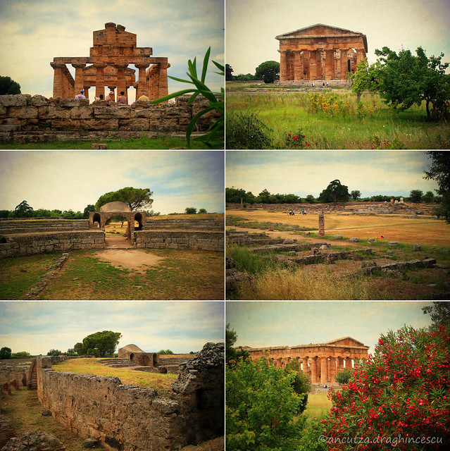 collage foto del sito archeologico di Paestum in Campania Italia