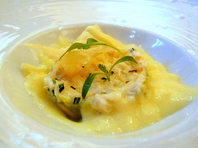 Amouse Bouche: Crab with Avocado and Potato Froth topped with Crisp Potato