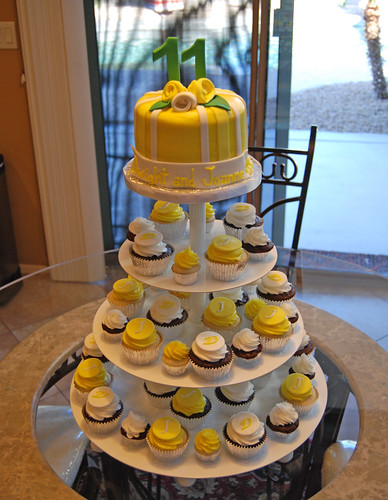 Yellow and Emerald Green 11th Wedding Anniversary Cupcake Tower