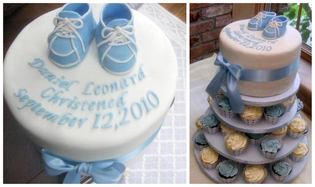 christening cake and cupcake tower for baby boy
