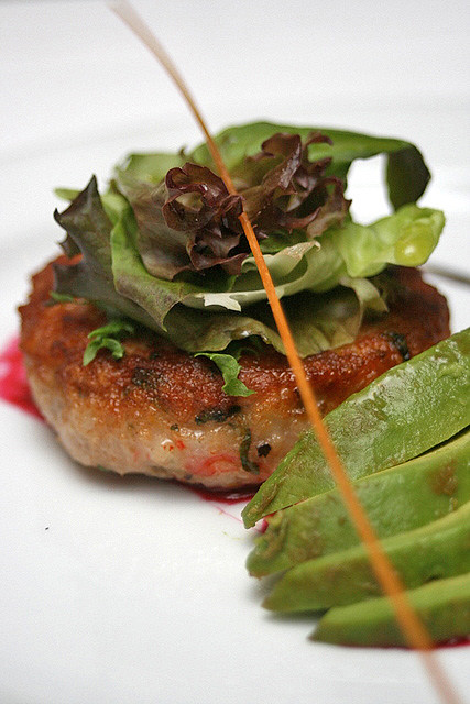 Crabmeat Cake with Avocado topped with Mesclun Salad, Beetroot Paint & Balsamic Reduction