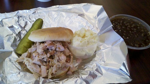 cole's bbq lunch special - turkey sandwich with potato salad, and an order of baked beans.