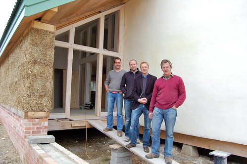L-R Builders Marc Powell and Steve Pullen with architect Nigel Keen and farmer Nigel Wookey