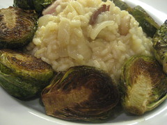 Bacon risotto and balsamic roasted brussels sprouts