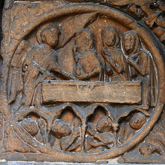 C13 Three Mary's at the Tomb roundel medieval carving