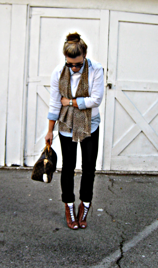 lace up boots and socks+leopard scarf+louis vuitton bag+street style