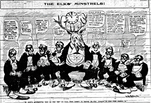 A Joplin newspaper cartoon referring to the Elks' Minstrel Show.