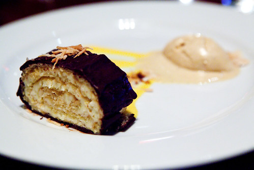 Almond Joy cake with butternut squash puree and salted caramel ice cream