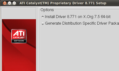 Schermata iniziale dell'installazione dei driver video Catalyst per Ubuntu.