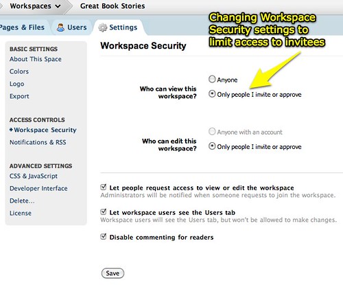 Changing PBworks workspace security settings