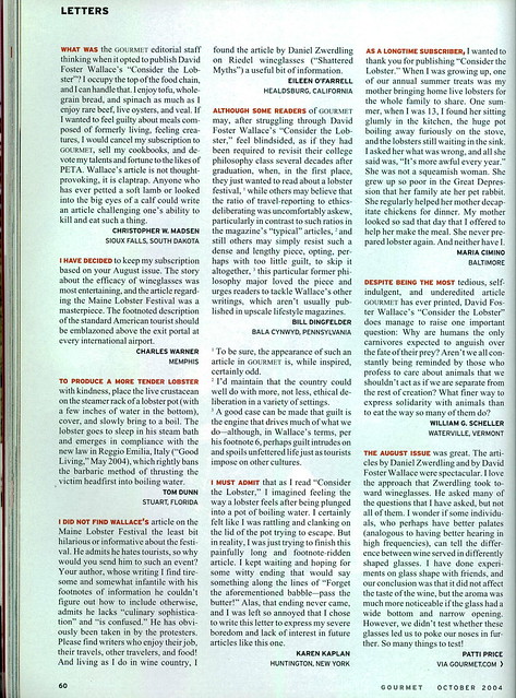 Gourmet Oct '04 Letters Re: Consider the Lobster (2 of 2)