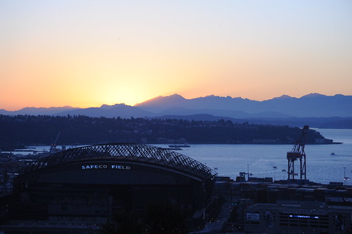 Sunset over Safeco Field and West Seattle from Amazon's PAC-MED building, Seattle, Washington, USA by Wonderlane