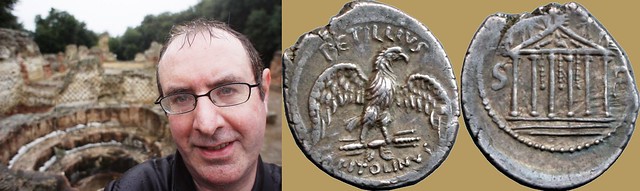 487/2 coin of Petillius Capitolinus 41BC with Eagle and Temple of Jupiter, and remains of the Temple of Jupiter at Cumae 5th century BC