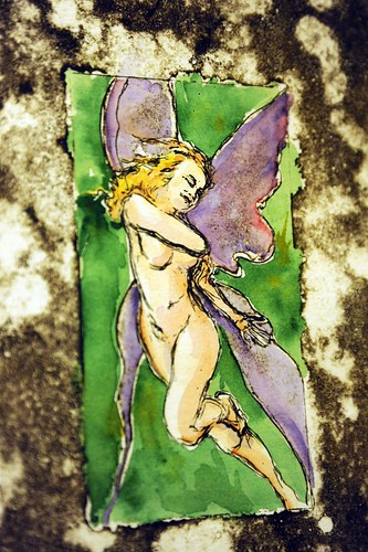 Purple winged happy fairy art on a green background, Wu Hsing Tao School, hallway watercolor, Seattle, Washington, USA by Wonderlane