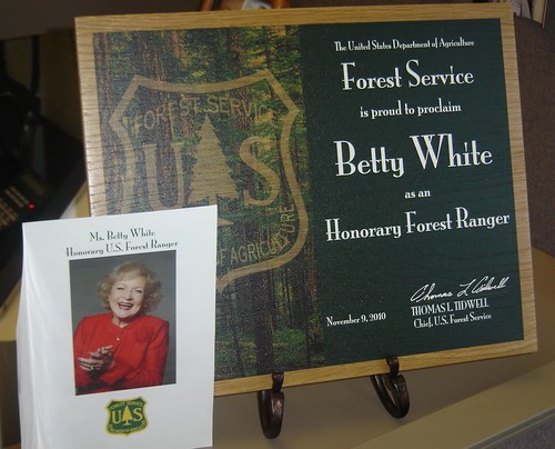 This is the Honorary Ranger certificate that was presented to actress Betty White November 9 at the Kennedy Center for the Performing Arts, fulfilling a childhood dream the actress expressed several months ago. (US Forest Service photo by Phil Sammon) 