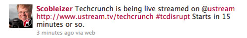 Techcrunch is being live streamed on @ustream Starts in 15 minutes or so.