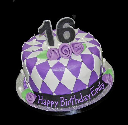 purple black and silver diamond patterned 16th birthday cake