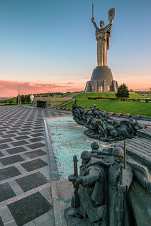 Mother Motherland monument at sunset.