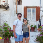 Honors students Jacob Staub and Danielle Grady pose in a white alley in Athens, Greece.