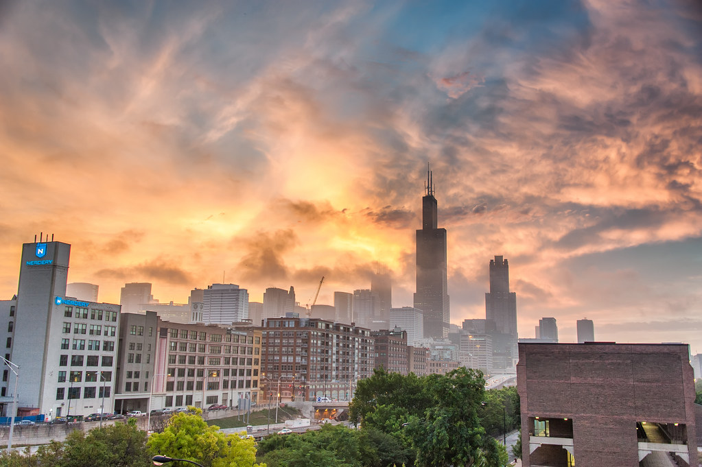 The Chicago Skyline during a colorful sunrise taken from the UIC campus.