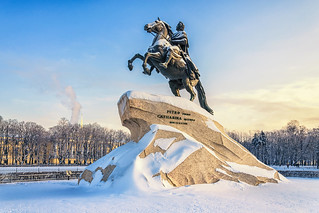 Saint Petersburg, Russia. The Bronze horseman monument on The Senate square on the background of clear blue sky.