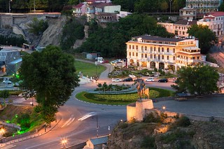 Top View Of Statue King Vakhtang Gorgasali On Metekhi Cliff, Europe Square, Historic Part Of Tbilisi, Georgia