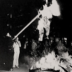 学生 burn an opponent in effigy during homecoming activities on the Brickyard in the '70s.
