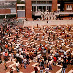 学生 gather on the Brickyard as they go “on strike” to oppose campus administration in the late 1970s.