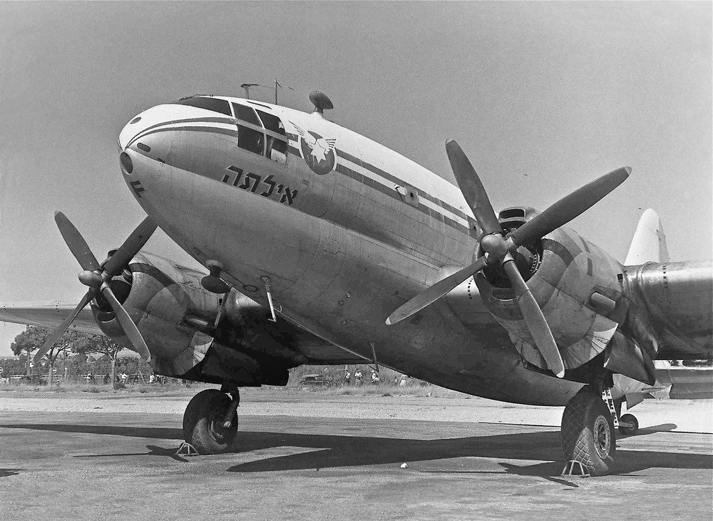 : 4X-ACF EL AL C-46  Eilata, at Eilat, 1950, EL AL Archive, MGGoldman Coll'n