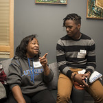 <b>IMG_1157</b><br/> Alumni and students gather to talk and eat in Norby House as part of the CIES Student Reception for Homecoming week. By Vicky Agromayor.<a href=https://www.luther.edu/homecoming/photo-albums/photos-2018/