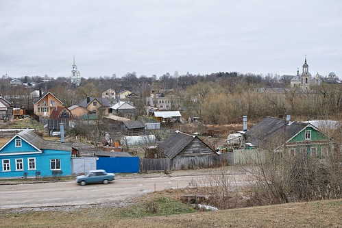 DP2Q9548. Podolnaya Street and Houses, Sheds, and Churches beyond.  View from the grounds of the Church of the Intercession. ©  carlfbagge