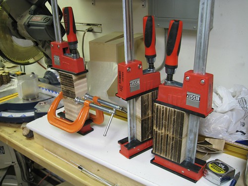 C clamps and Bessey K-Body clamps joining up butcher block pieces
