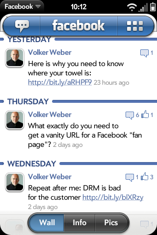 The new Facebook app for the Palm Pre is rather nice