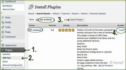 Screen shot to illustrate some steps on how to install the WP-Archives plugin