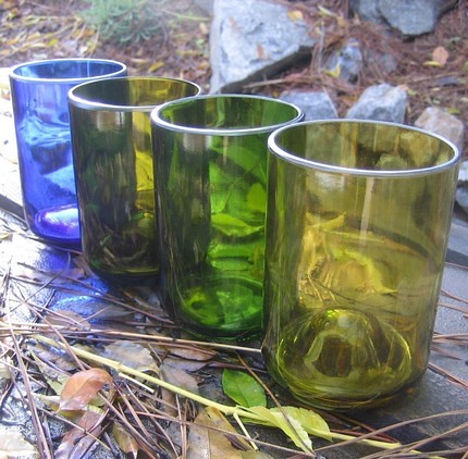 Upcycled Recycled Glass Wine Bottle ... FOUR Tumblers made from Reused Repurposed Bottles ECO FRIENDLY Glassware Glasses Tumblers