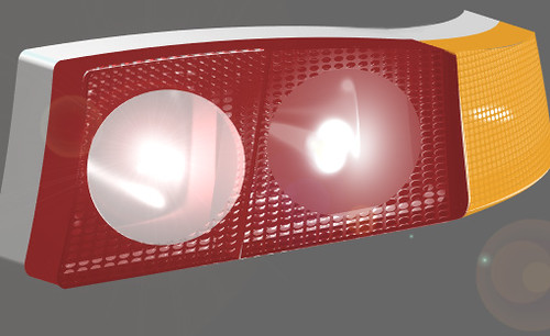Alias Studio Rear Lamp Asssembly. Buiit just like a real lamp it has a tripple reflector with a chrome shader, then the acrylic lenses. Behind each lens is  another lamina, with a perforated metal shader. About 20 to 24 hours work for this styling model.