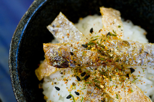 Salmon Skin on rice with Shichimi 4