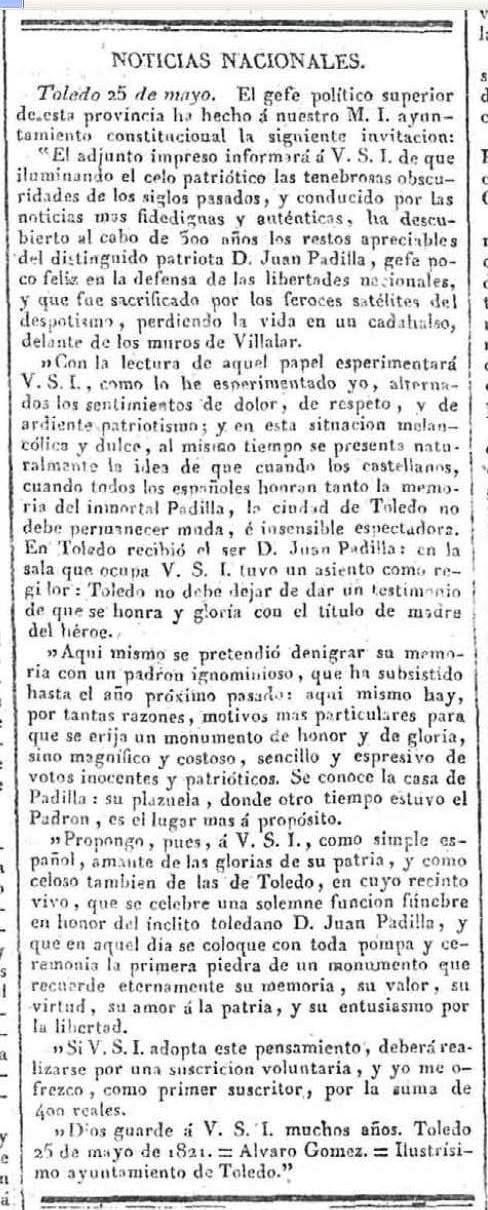 Petición de un monumento a Juan de Padilla en Toledo. Diario El Universal, 31 de mayo de 1821