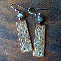 Etched Copper Earrings with Vine and Labradorite