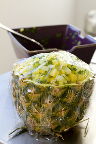 Pineapple Salsa in pineapple bowl wrapped