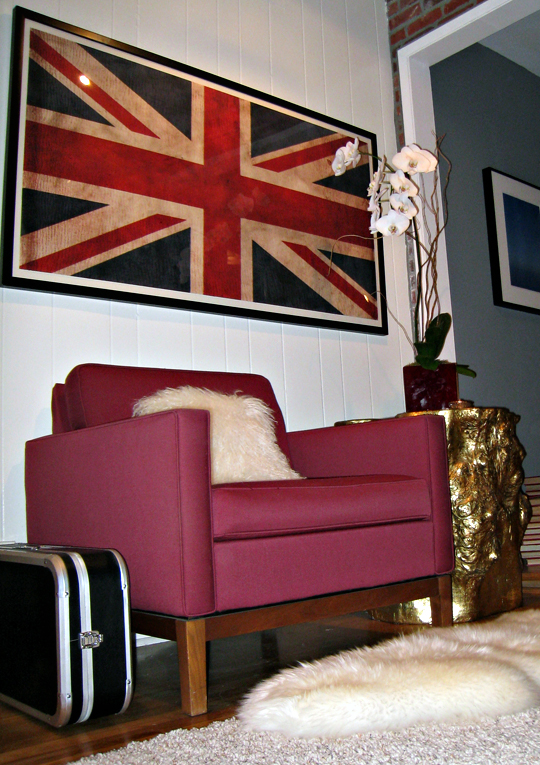 union jack flag print+vintage modern chair+gold stump+dj hero case+mongolian hair pillow+sheepskin rug+game room