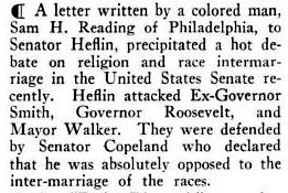 Debate in the Senate on Religion and Interracial Marriage - April, 1930