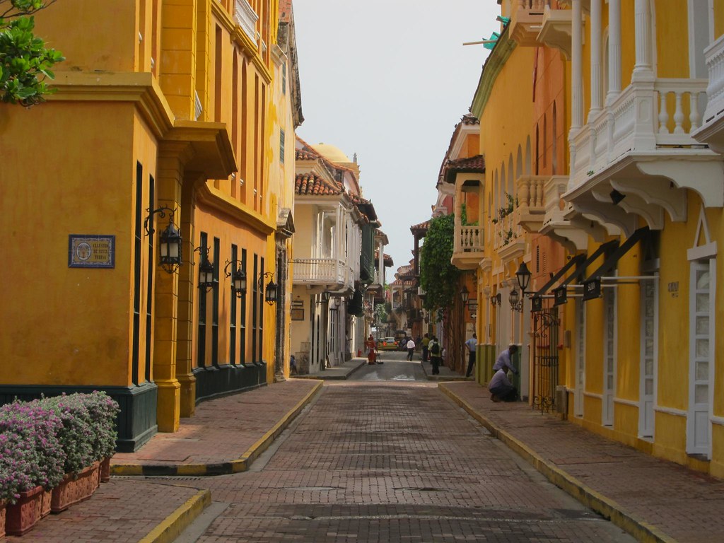 View down a typical street in walled area of Cartagena.