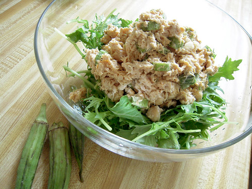 Mizuna, tuna and okra salad with tamari dressing