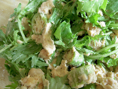 Mizuna, tuna and okra salad with tamari dressing