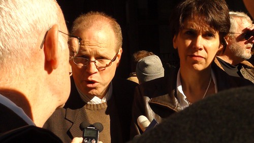 Joe Iosbaker (left) and Stephanie Weiner (right) talk to the press about their subpoenas and the FBI raiding activists' homes., From ImagesAttr