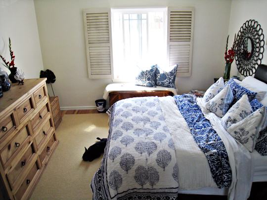 blue and white tropical beach master bedroom+rustic dresser+antique cedar chest